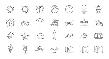Collection of minimalist thin line web icons representing summer vacation and beach elements, including sun, palm tree, beach ball, swimsuit, flip-flops, sunglasses, umbrella, deck chair, sandcastle