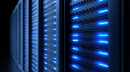 Organized server racks illuminated by blue neon light showing futuristic data center with glowing hardware
