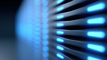 Organized server racks illuminated by blue neon light showing futuristic data center with glowing technology and sleek design