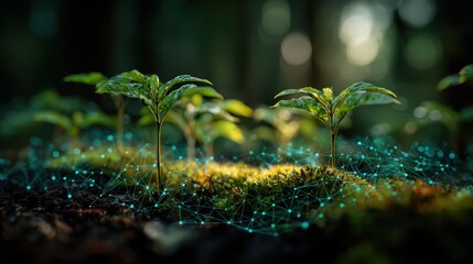 Young plant growing in the forest with digital network connection, representing the concept of growth and technology