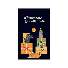 Whimsical Christmas-themed illustrations of  cats and kitten celebrating with gifts and a decorated tree. Festive, playful, and perfect for holiday greeting cards and seasonal designs.