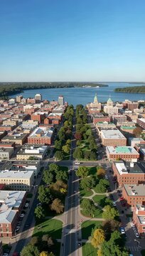 Vertical Aerial Drone View of Madison Wisconsin State Capitol Building.