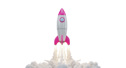 Launching Rocket Ship with Pink Accents and Smoke on Transparent Background