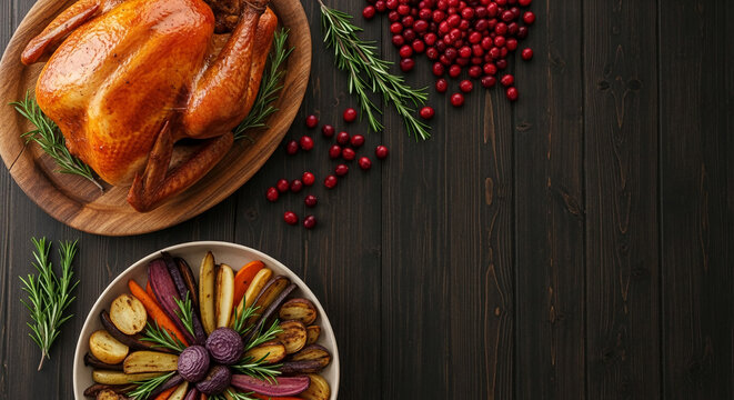 Overhead shot of cooked turkey, roasted vegetables, and cranberries on dark wooden surface, representing a festive meal, and celebration, harvest season
