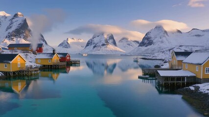 Serene Norwegian fishing village winter landscape tranquil blue water reflection of colorful rorbuer cabins and snow-capped mountains majestic peaks with soft clouds at sunrise golden hour light - Powered by Adobe