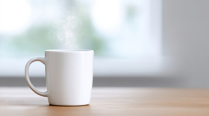 Fototapeta premium White ceramic mug with steam rising on wooden table near window creating calm and cozy atmosphere