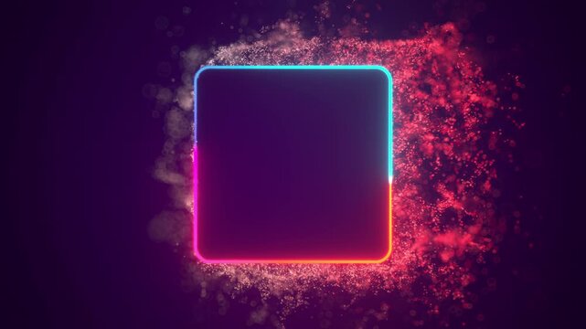 A glowing neon frame animates into view, surrounded by sparkling particles. Ideal for a dynamic intro, outro, or product display background. Ultra HD 4K 3840x2160 non-AI CG Animation