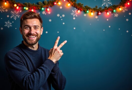 Merry Christmas and Happy New Year blue background with happy man points a finger at free space and Christmas glowing garland along the top edge, seasonal promo poster template