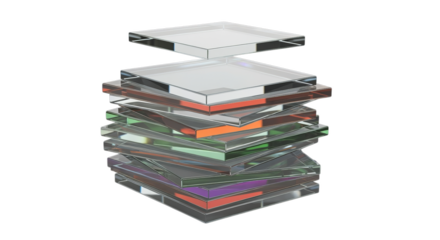 Stacked Clear Glass Squares with Colorful Accents on Transparent Background
