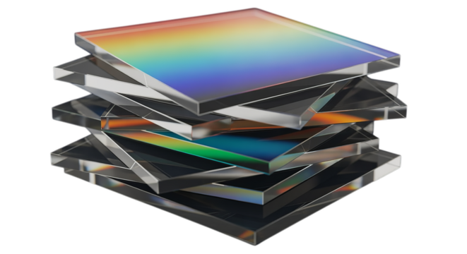 Stacked Clear Acrylic Sheets with Rainbow Gradient on Black