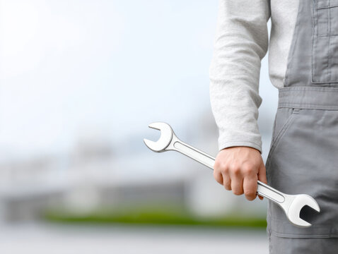 Worker holding wrench in hand wearing gray workwear with blurred outdoor background showing repair tool