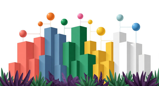Colorful graphic bars with sphere on top connected by line, sitting on foliage. Represents data, success, or financial growth, suitable for business use