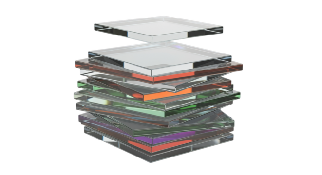 Stacked Clear Glass Squares with Colorful Accents on Transparent Background