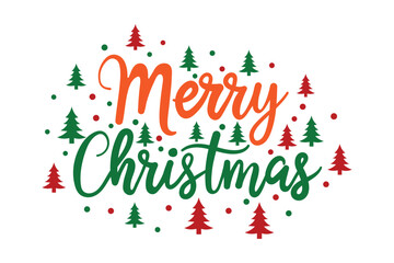 Merry christmas text with festive trees and dots, isolated on white background, christmas concept, vector illustration