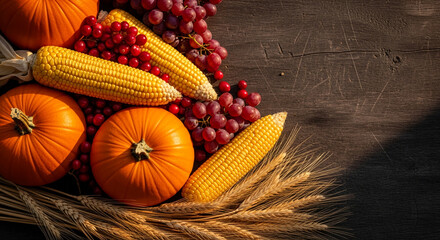 Overhead shot of pumpkins, corn, grapes, cranberry, and wheat on dark wood, depicting harvest or thanksgiving, symbolizing abundance, ripeness, and gratitude