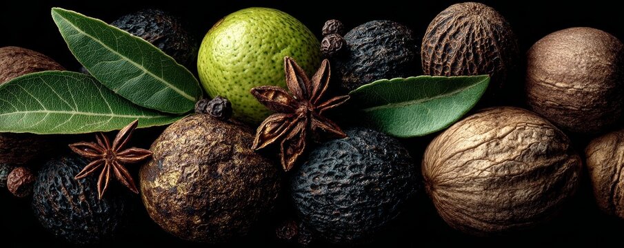 Nutmeg. A vibrant assortment of spices and herbs showcasing the beauty of nature's culinary treasures for cooking enthusiasts.
