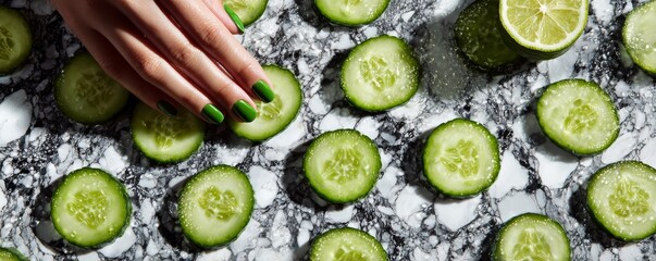 fingers laying cucumber rounds on marble surface, drink ingredient scene, perfect for healthy recipes and aesthetics.