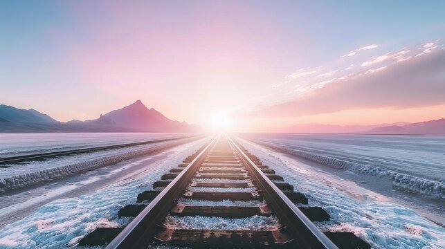 Snowy Railroad Tracks Leading to Bright Sunrise Over Mountain Range in Winter Landscape - Powered by Adobe