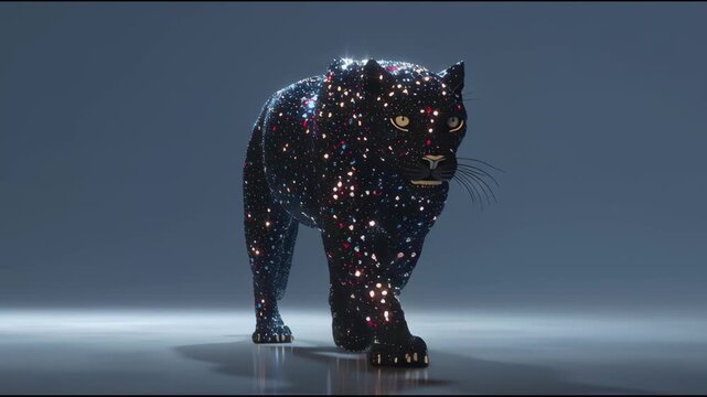 3d render of abstract art with surreal wild king lion panther animal in walk process based on neon glowing curve wavy lines forms in purple red and white color on black background  