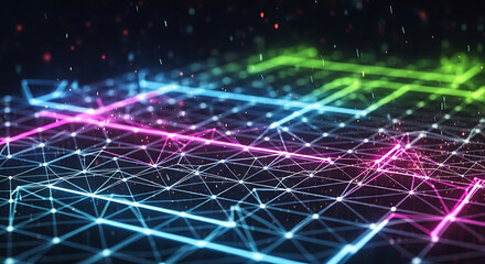 Obraz premium Dynamic Multi-Colored Digital Network with Glowing Data Paths