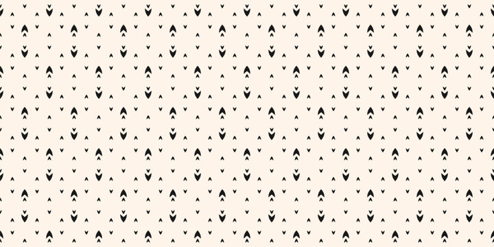 Vector monochrome minimalist seamless pattern with small arrows. Simple abstract geometric texture with tiny scattered chevrons. Black and white background. Repeated modern design for textile, print
