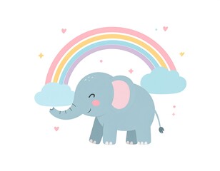 Fototapeta premium Cute cartoon elephant smiling under a pastel rainbow with clouds and twinkling stars