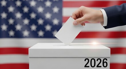 Voting in the united states election year 2026 with american flag background, symbolizing civic duty and democratic participation isolated on transparent background