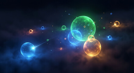 Fototapeta premium Vibrant Luminous Orbs Floating in a Dark, Nebulous Space