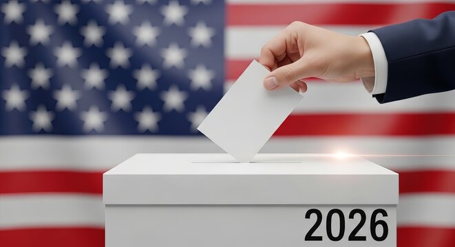 Voting in the united states election year 2026 with american flag background, symbolizing civic duty and democratic participation isolated on transparent background
