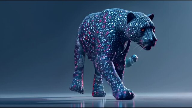 3d render of abstract art with surreal wild king lion panther animal in walk process based on neon glowing curve wavy lines forms in purple red and white color on black background  