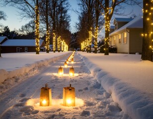 A snow-covered path illuminated by glowing luminaries and trees adorned with string lights in a winter evening setting.
