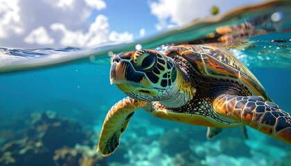 Sea Turtle Swimming in Turquoise Water.