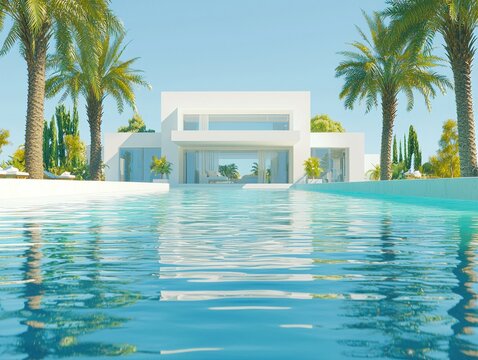 Modern white house with pool, palm trees against a bright blue sky - Powered by Adobe