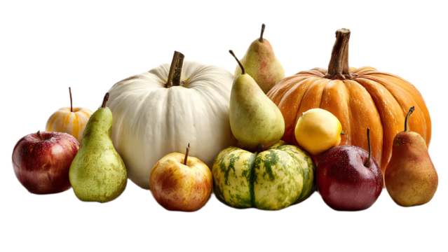 A still life arrangement of pumpkins apples pears and a lemon on a black background surface view
