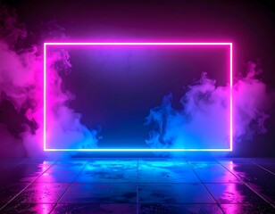Glowing Neon Rectangle Frame Surrounded by Smoke and Mist