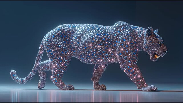 3d render of abstract art with surreal wild king lion panther animal in walk process based on neon glowing curve wavy lines forms in purple red and white color on black background  