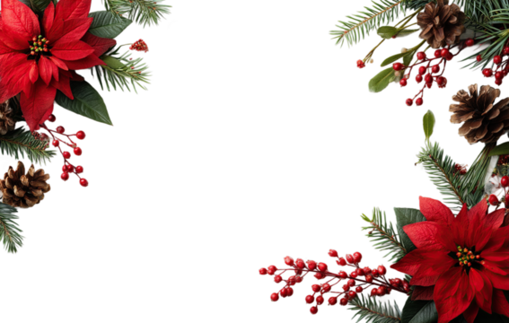 Festive Christmas frame with poinsettias, pinecones, berries, and ornaments, perfect for holiday greetings.