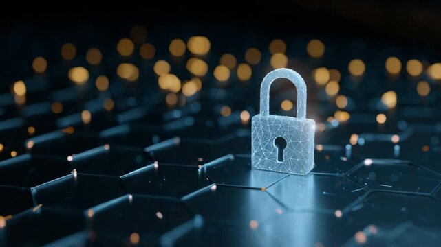 Digital security concept with lock on hexagonal technology pattern background