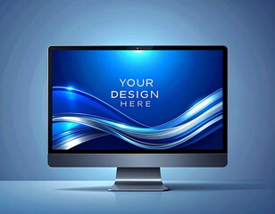 Modern computer monitor display with abstract blue design