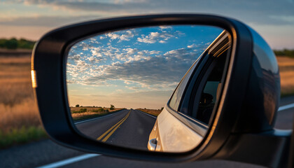 Reflecting on a Scenic Road Journey The Path Ahead Unfolds in a Car Mirror at Twilight