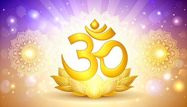 A golden symbol atop a lotus flower against a bokeh backdrop with ornate mandalas and a radiant, colorful glow - Powered by Adobe