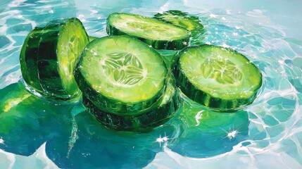 Cucumber slices. Fresh cucumber slices floating in refreshing water, perfect for food photography, health-related themes, and cool summer aesthetics.