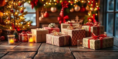 Cozy festive scene with warm glowing lights, wrapped gifts, and seasonal decorations on a rustic wooden surface,  celebratory,  wood