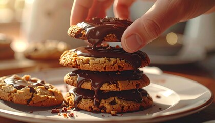 A hand carefully stacking freshly baked oatmeal cookies with a rich, dripping chocolate glaze