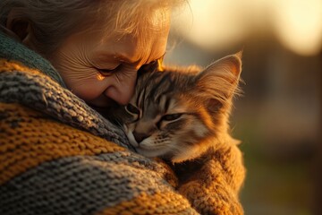 Smiling elderly woman gently hugs cat. Concept of mental health and companionship, pet therapy.