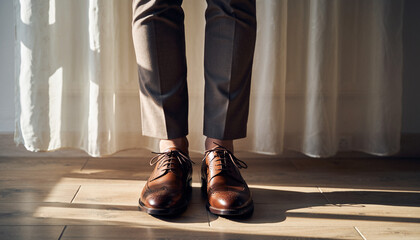 Low section of a stylish man in elegant brown leather dress shoes and trousers standing by a window