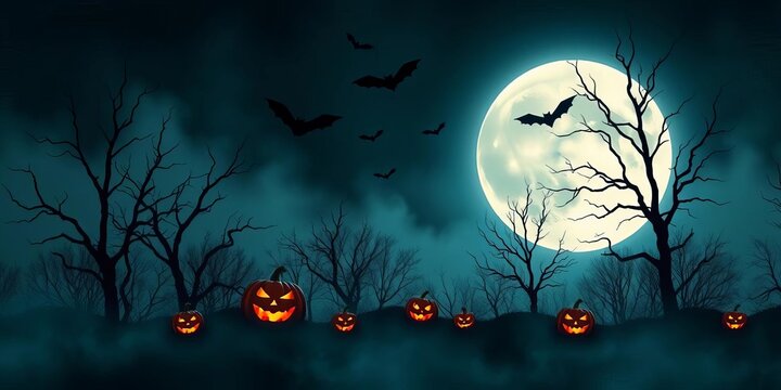 Eerie full moon night with silhouetted bare trees, flying bats, and glowing jack-o-lanterns amidst swirling mist, perfect for Halloween themes,  party,  jack-o-lanterns