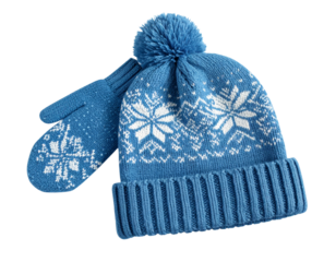  Cozy Blue Winter Hat and Mittens with White Snowflake Pattern — Transparent PNG