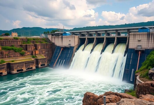 Hydroelectric dam generating electricity with rushing water,  engineering,  generation