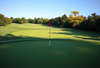 Obraz premium Lush golf course hole with tee markers on the teeing ground, a manicured putting green, surrounded by fringe, and a flagstick visible, well-maintained, green space